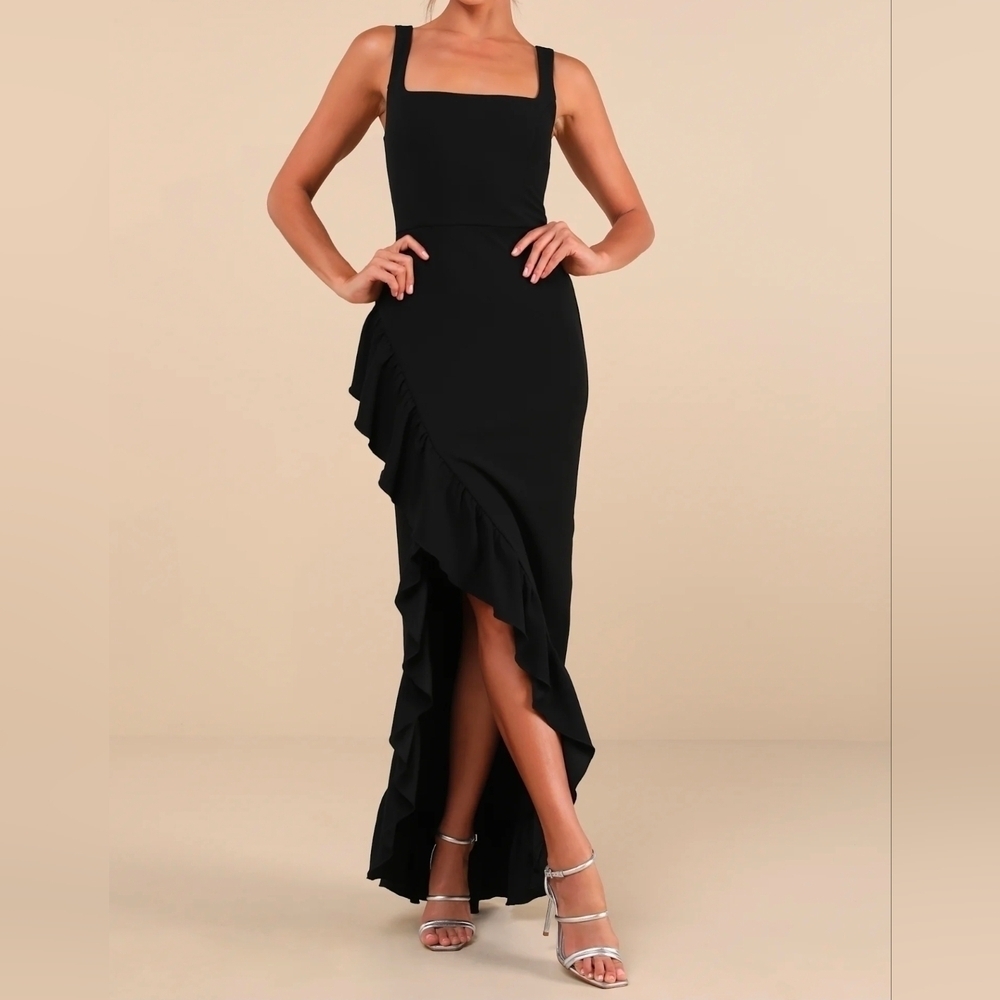 Lulus Immaculate Excellence Black Sleeveless Ruffled Tulip Maxi Dress, Large